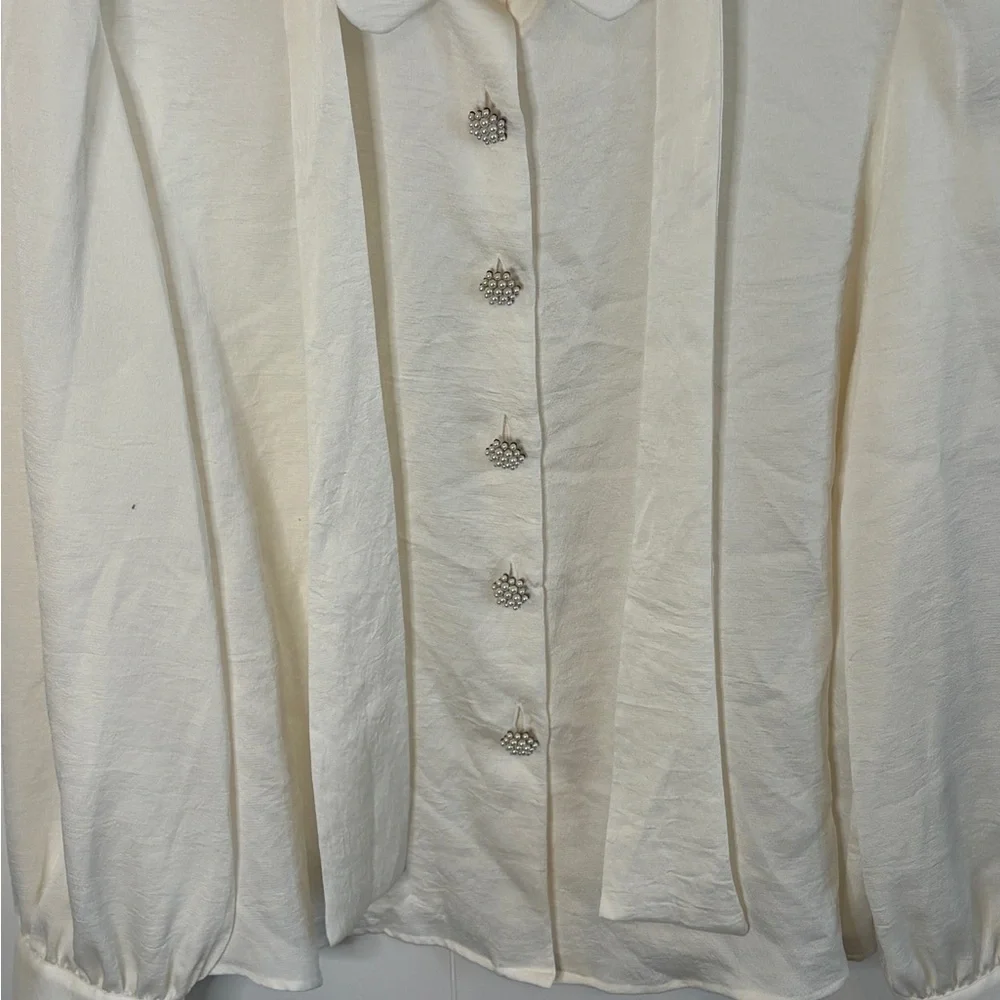 Zara Cream Button Down Blouse with Peter Pan Collar and Long Sleeves - Picture 4 of 7